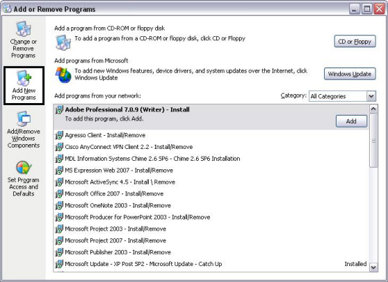 Screenshot of Add New Programs listing