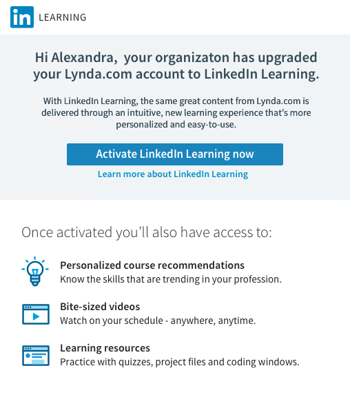 Screenshot of LinkedIn Learning activation