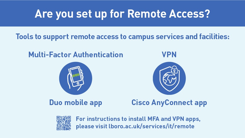 Tools to support remote access to campus services and facilities:  MFA - Duo mobile app.  VPN - Cisco AnyConnect app.