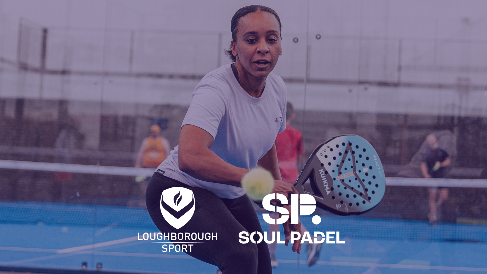 Image of someone playing padel, plus the Lboro Sport and Soul Padel logos