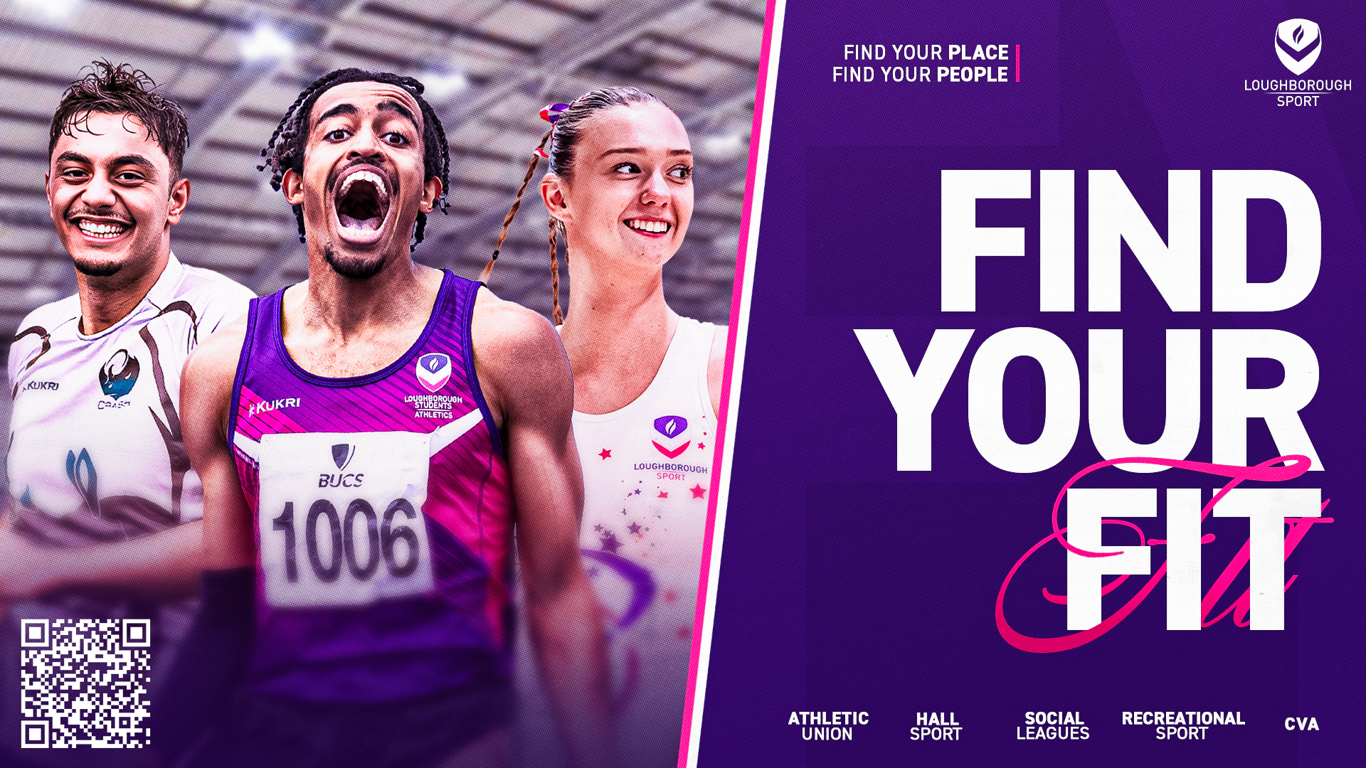 Three people in sports wear with text find your fit. 